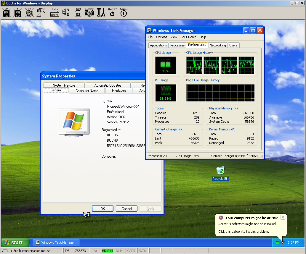 在 bochs 里跑 Windows XP 的实际画面
