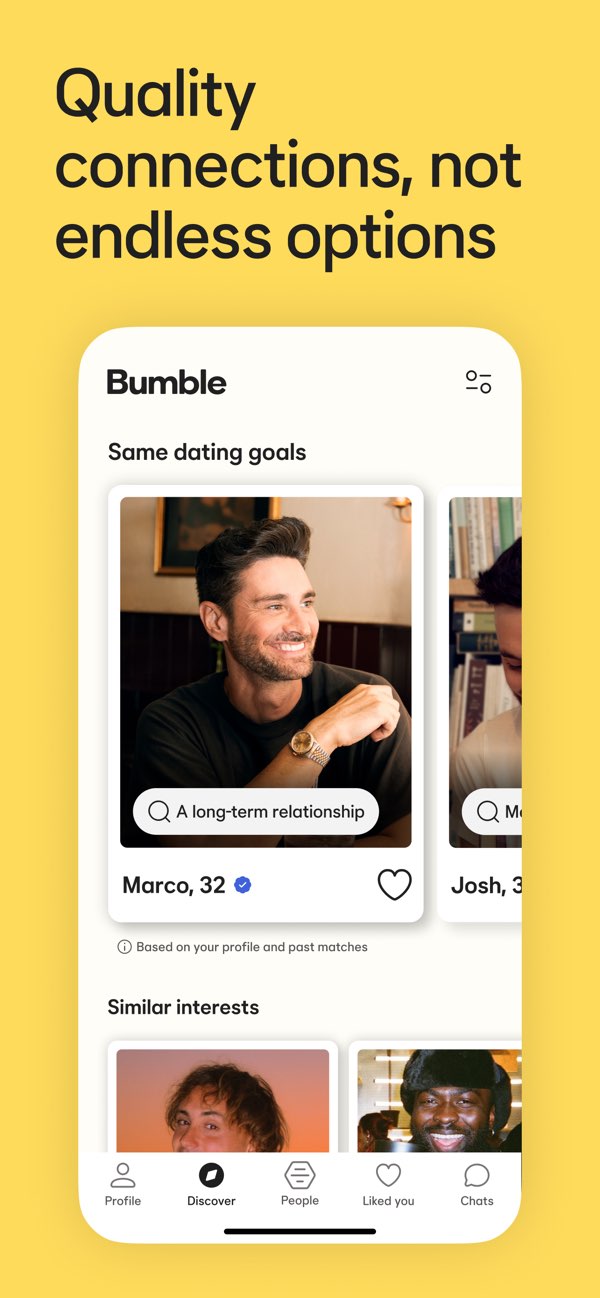 Bumble 發現頁滑卡介面