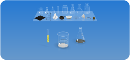 Chemist 的实验区全景——左边器材库、右边试剂库，中间 3D 容器自由摆放