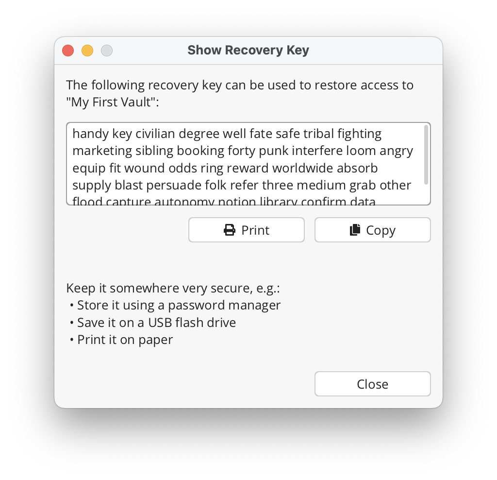 Recovery Key 顯示頁面