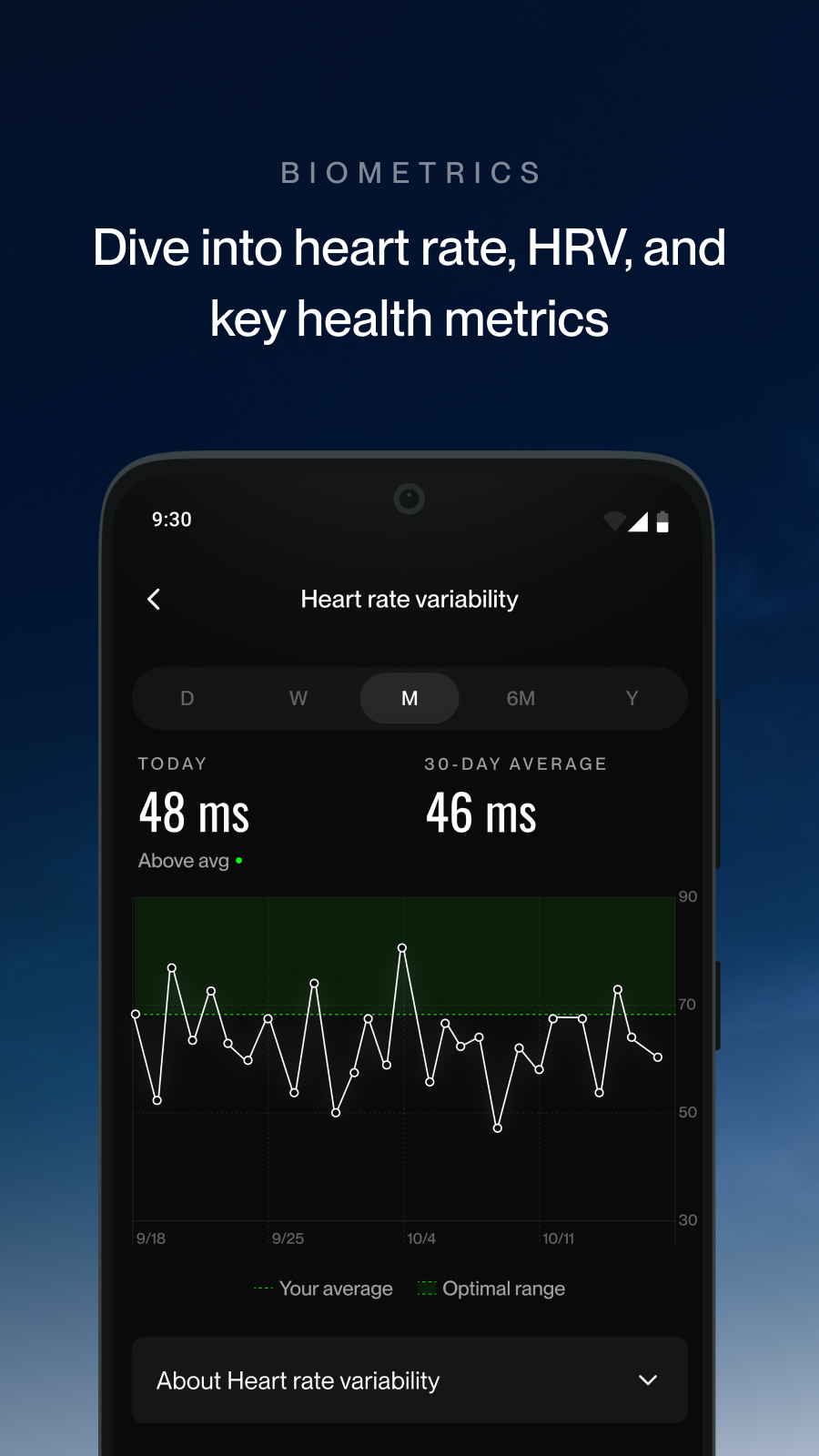 HRV 心率變異性介面:今日值與 30 天均值對比