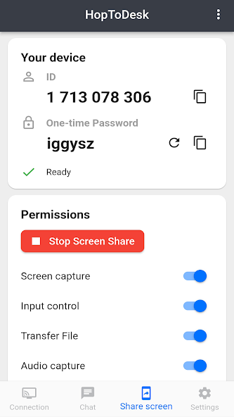 HopToDesk 安卓首頁:裝置 ID 與連線狀態一目了然