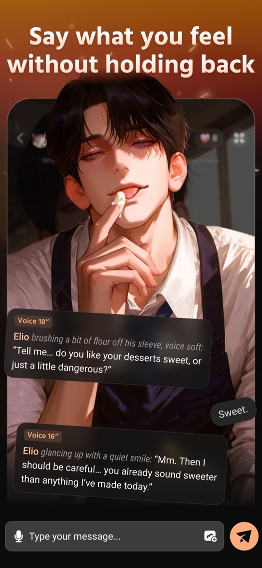 Hubby 聊天界面:角色消息帶語音條與斜體動作描寫