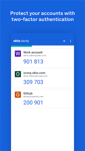 Okta Verify 的账户列表界面，每个账户下方都有滚动的六位数字