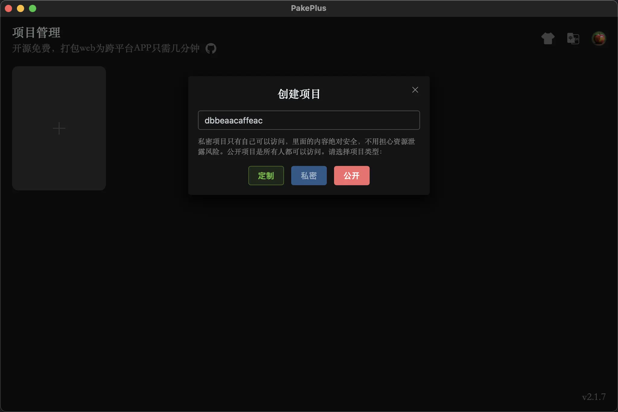 PakePlus 创建项目对话框