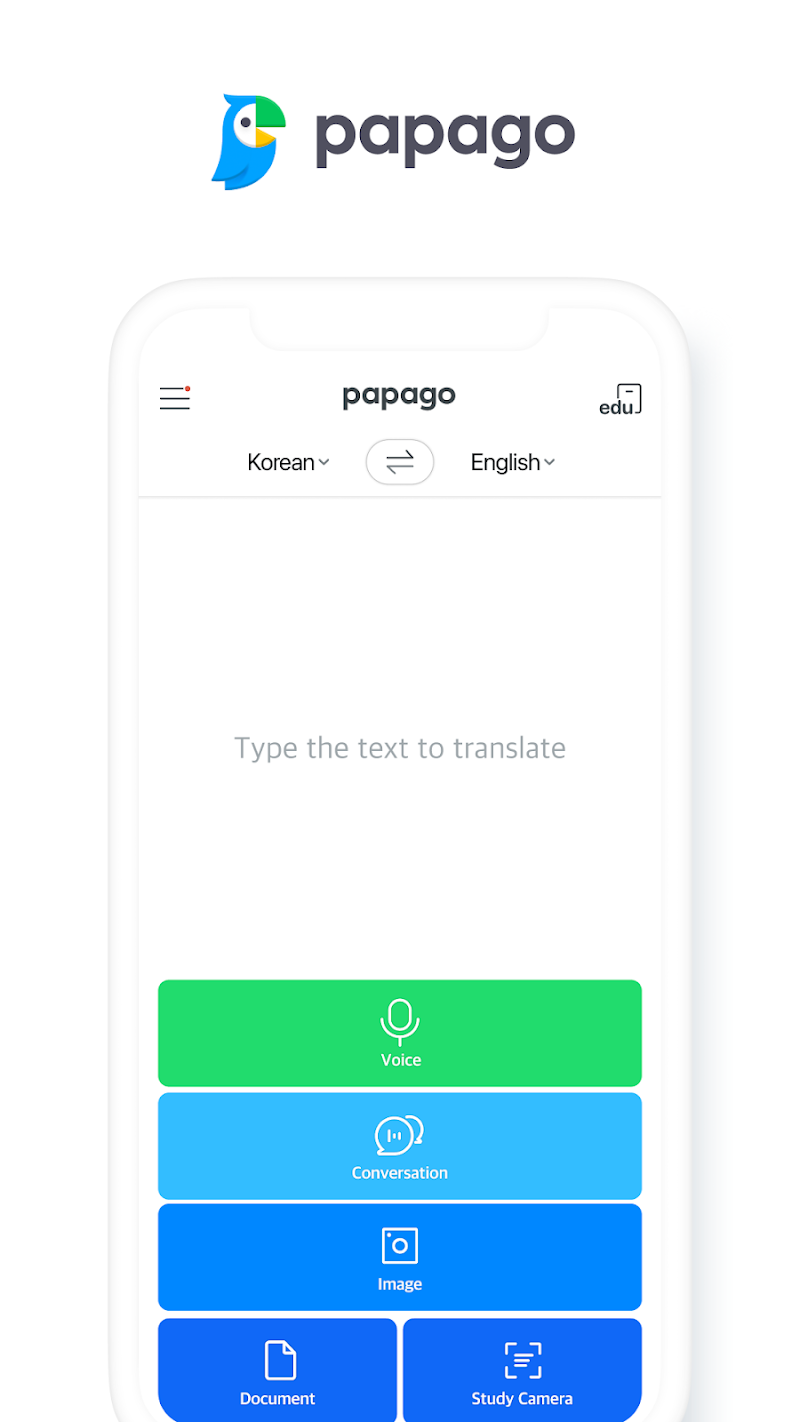 Papago 主界面，頂部是語言對選擇，下方排列各種翻譯模式入口