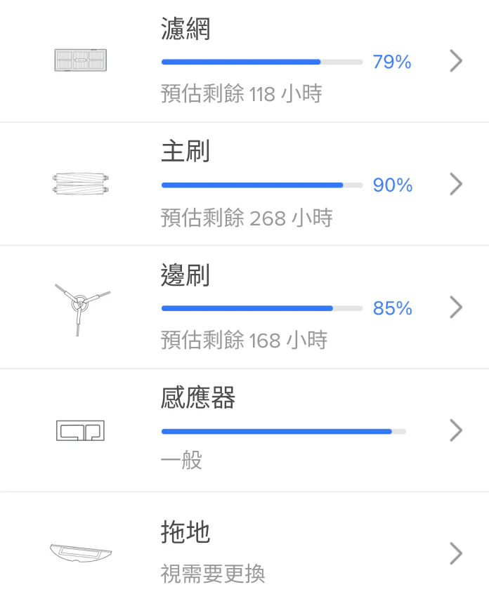 App 耗材状态列表：滤网、主刷、边刷、感应器、拖地的剩余寿命倒计时