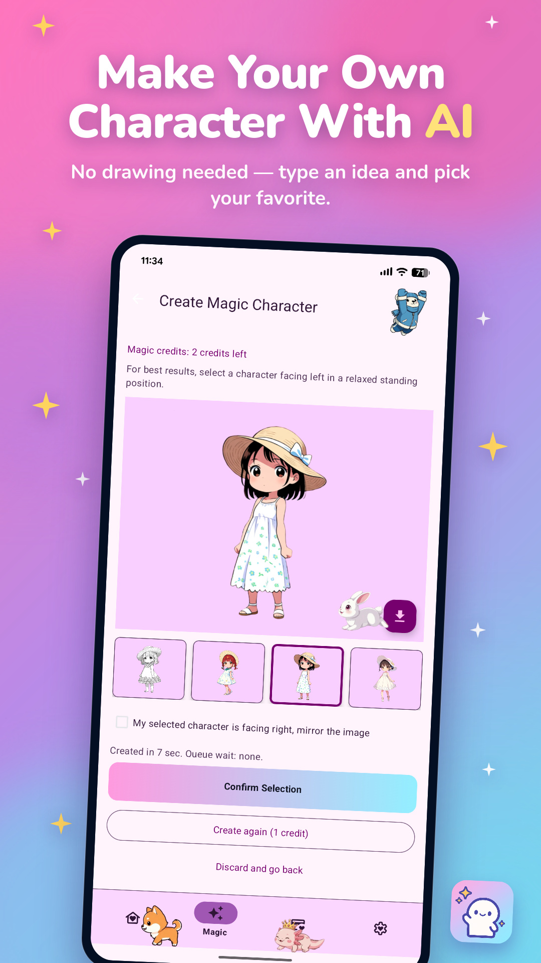 Magic AI 生成界面：描述輸入、候選形象四選一與確認