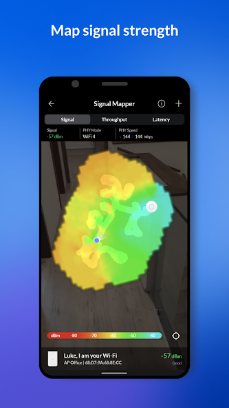 WiFiman Signal Mapper 熱力圖：綠黃橙紅代表訊號強弱